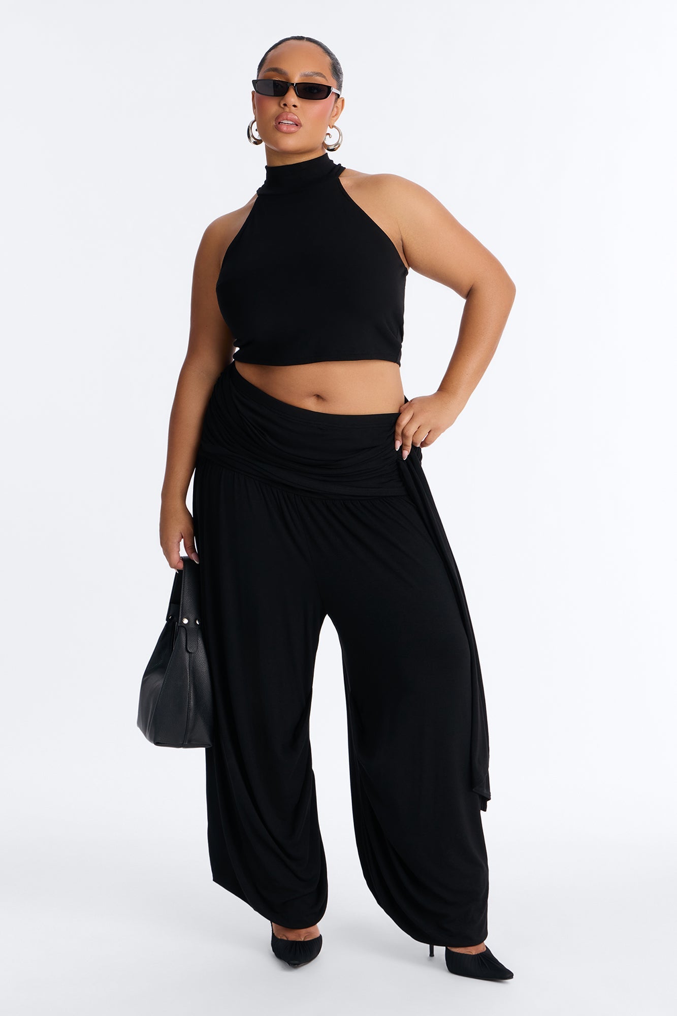 Anya Mock Neck Balloon Pant Set - Black