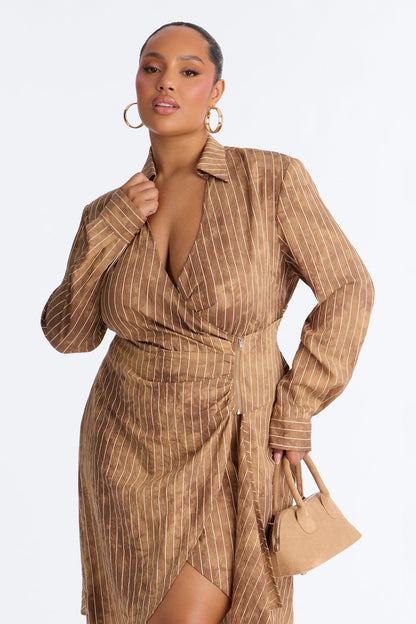 Adeline Pinstripe Tie Dye Midi Dress - Brown