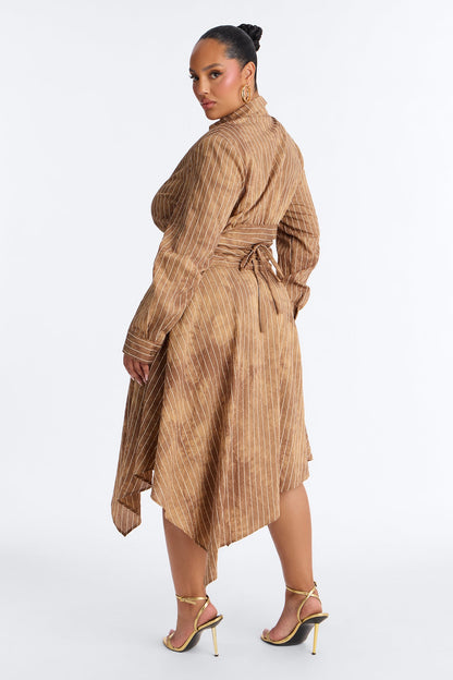 Adeline Pinstripe Tie Dye Midi Dress - Brown