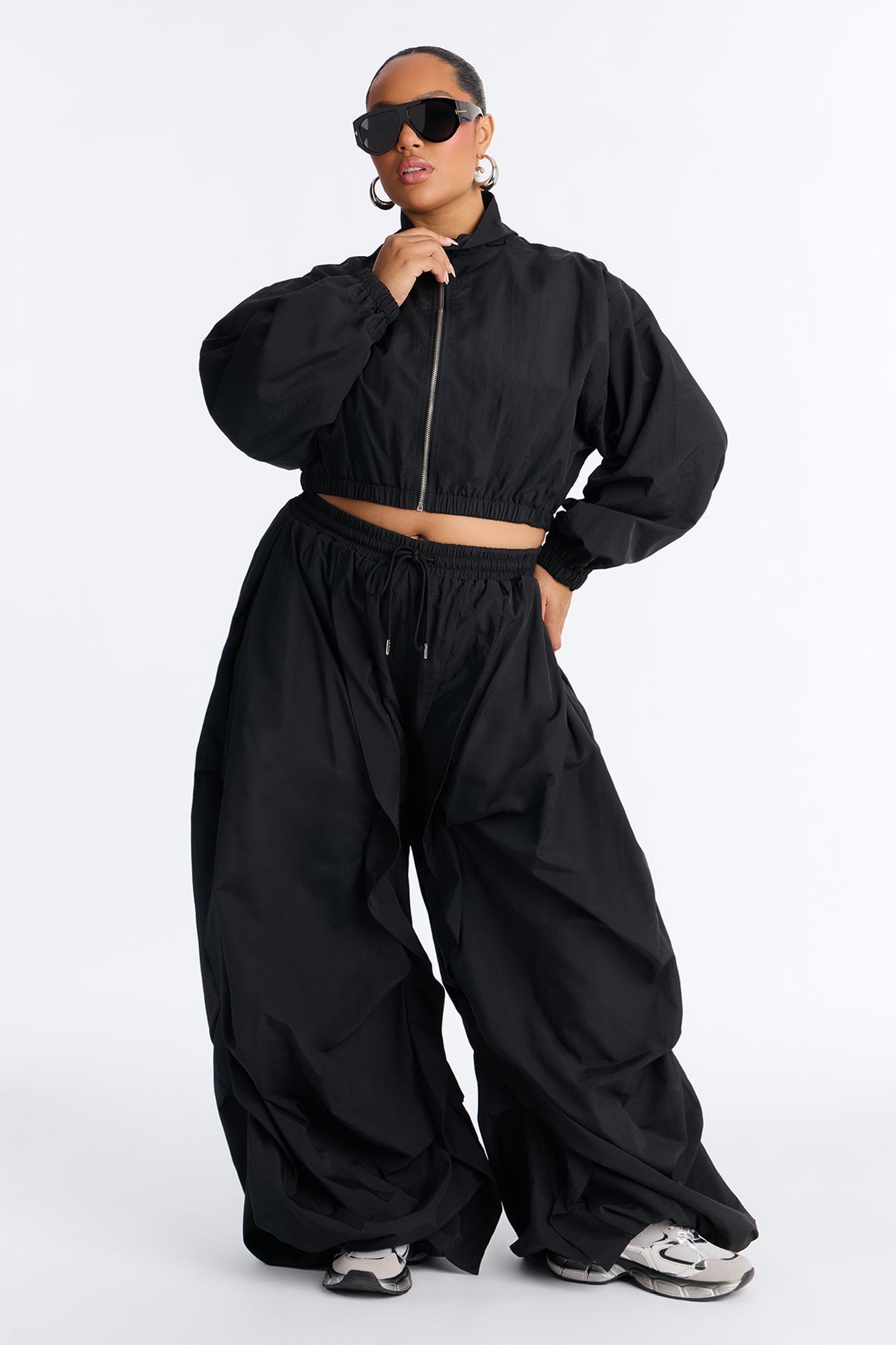 Midnight Drift Extreme Wide Leg Windbreaker Set - Black