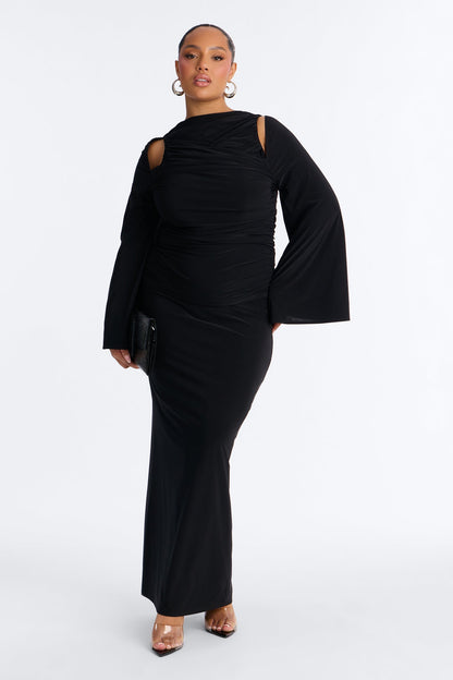 Carlita Ruched High Neck Maxi Skirt Set - Black
