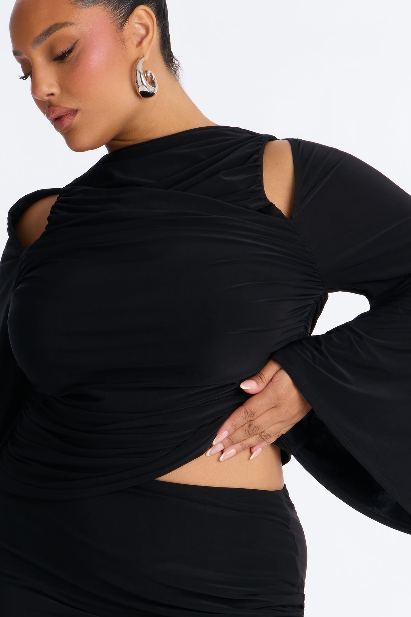 Carlita Ruched High Neck Maxi Skirt Set - Black