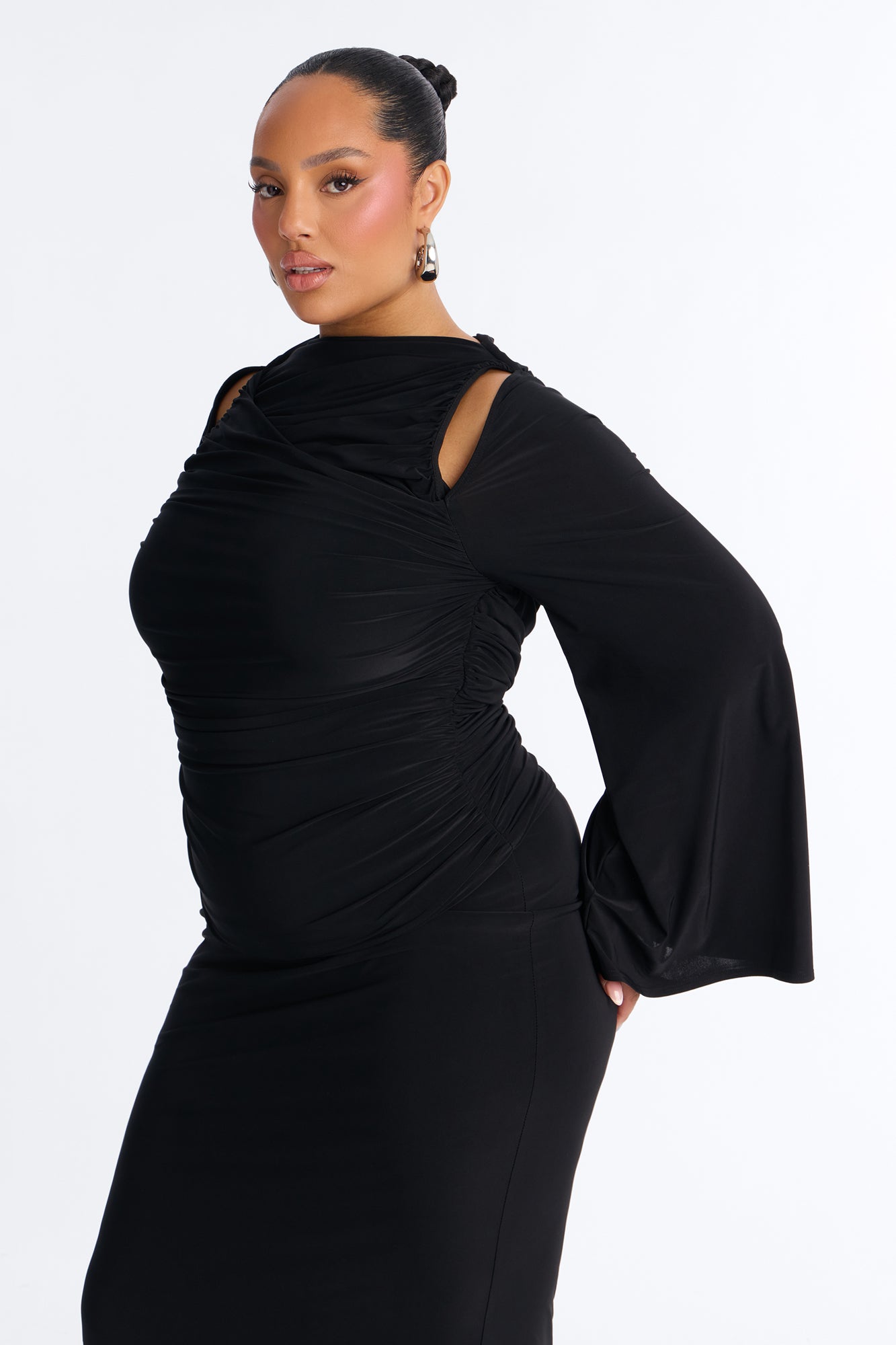 Carlita Ruched High Neck Maxi Skirt Set - Black