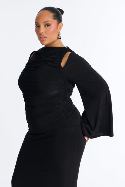 Carlita Ruched High Neck Maxi Skirt Set - Black