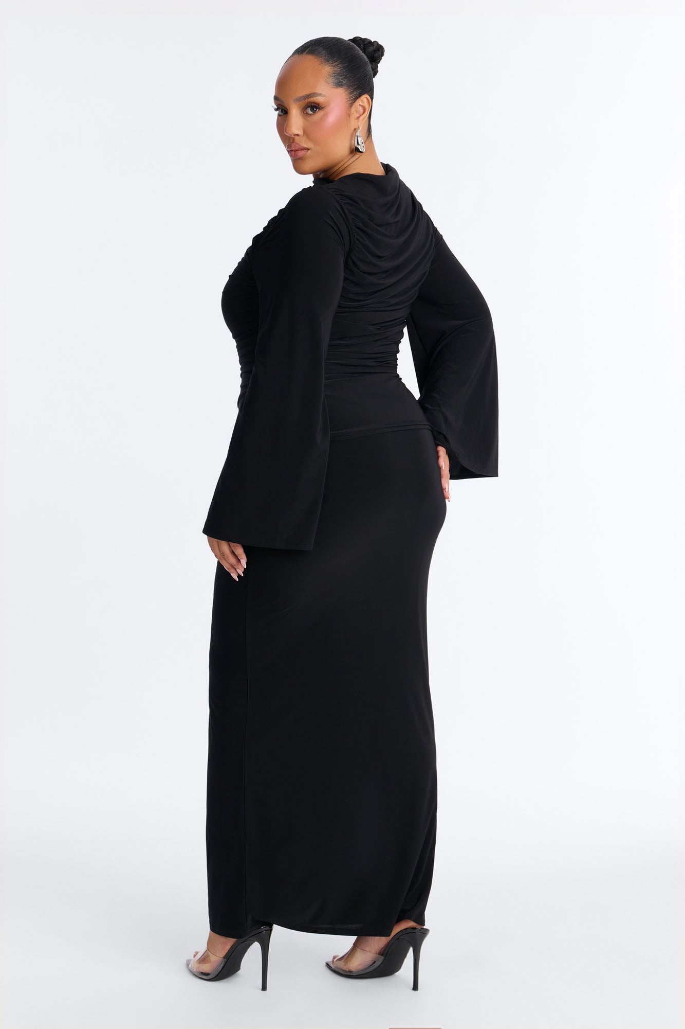 Carlita Ruched High Neck Maxi Skirt Set - Black