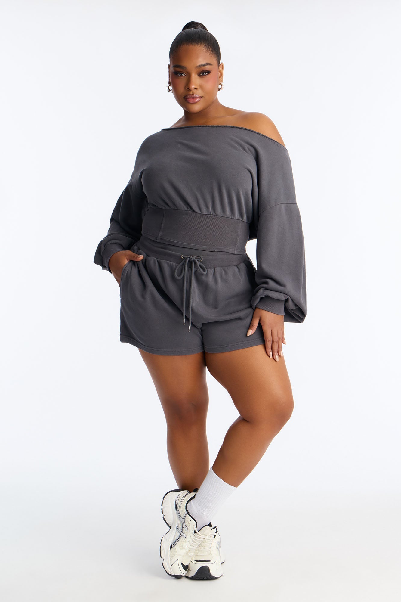 Come Find Me Washed Fleece Mix Short Set - Charcoal