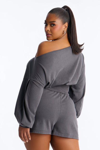 Come Find Me Washed Fleece Mix Short Set - Charcoal