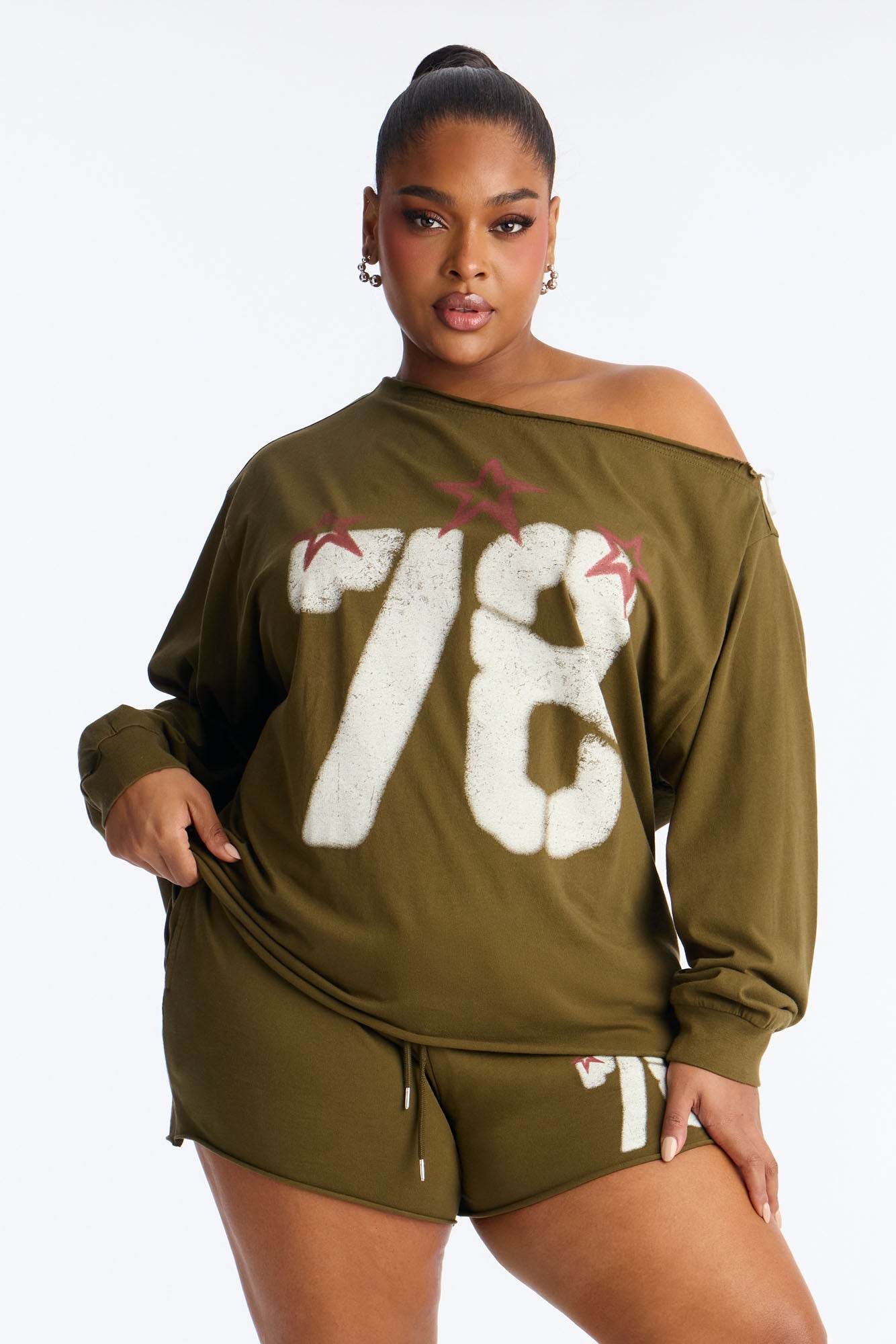 78 Stars Off Shoulder Short Set - Olive