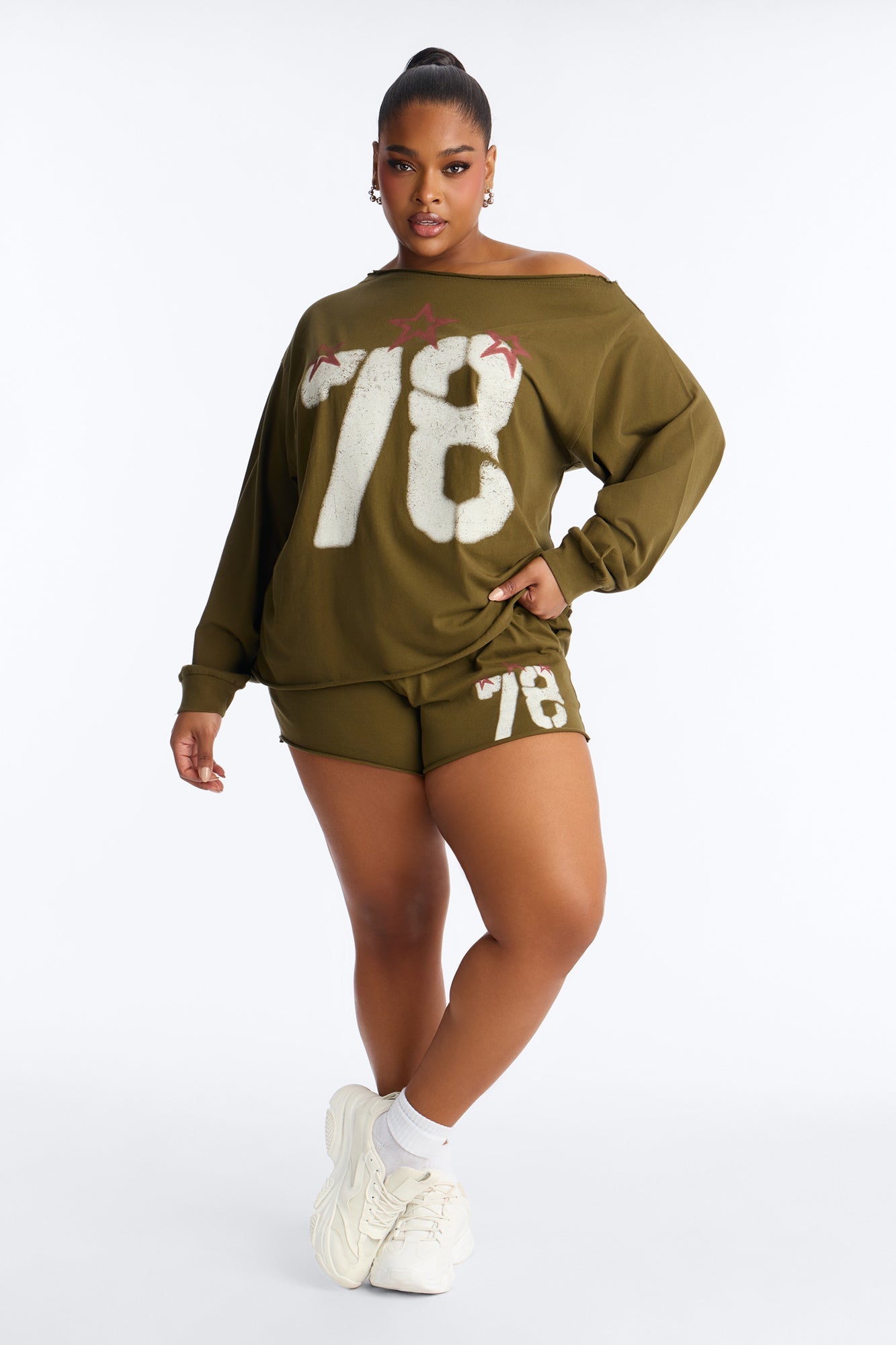 78 Stars Off Shoulder Short Set - Olive