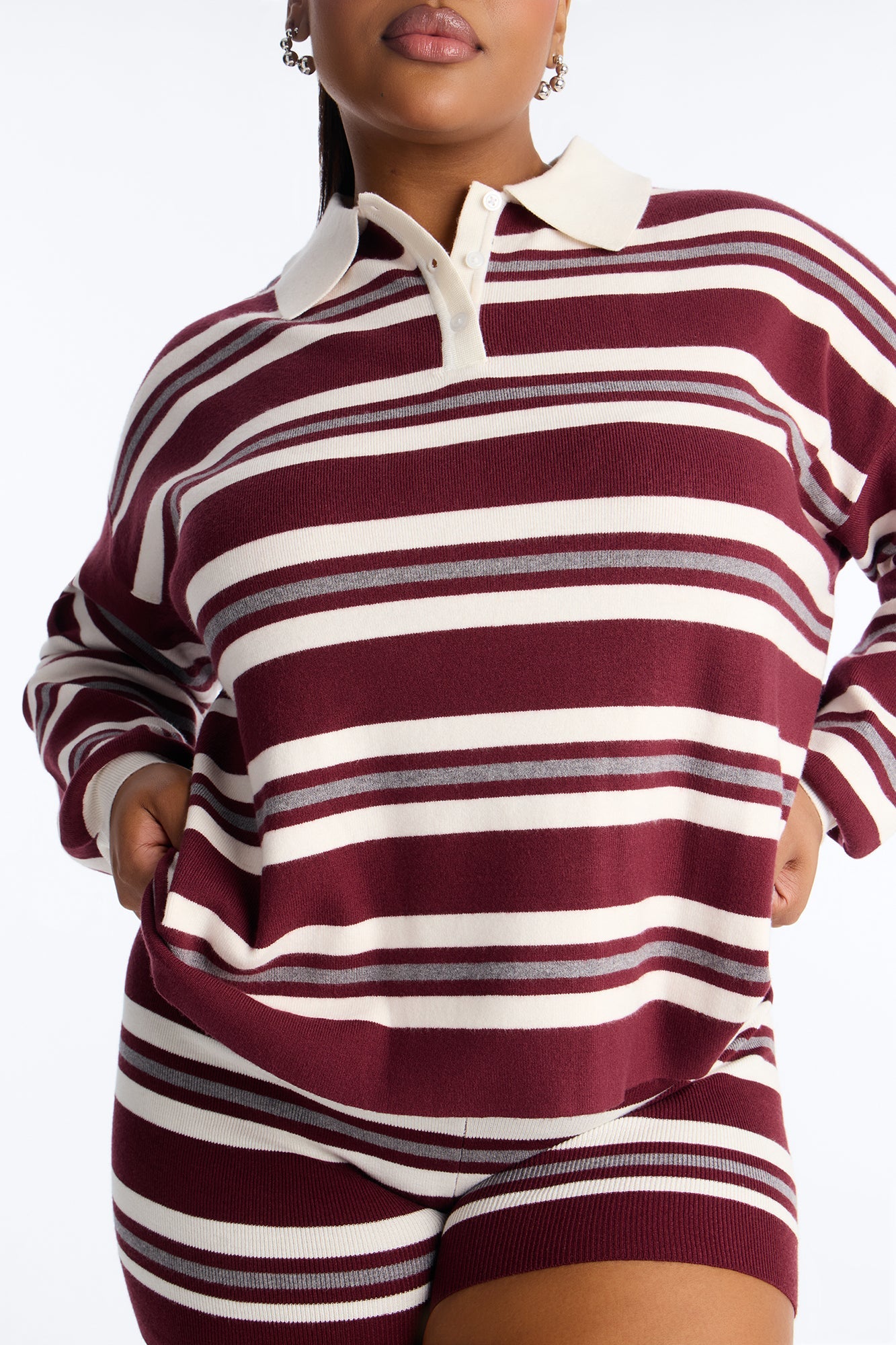 Beckham Striped Sweater Short Set - Burgundy/combo