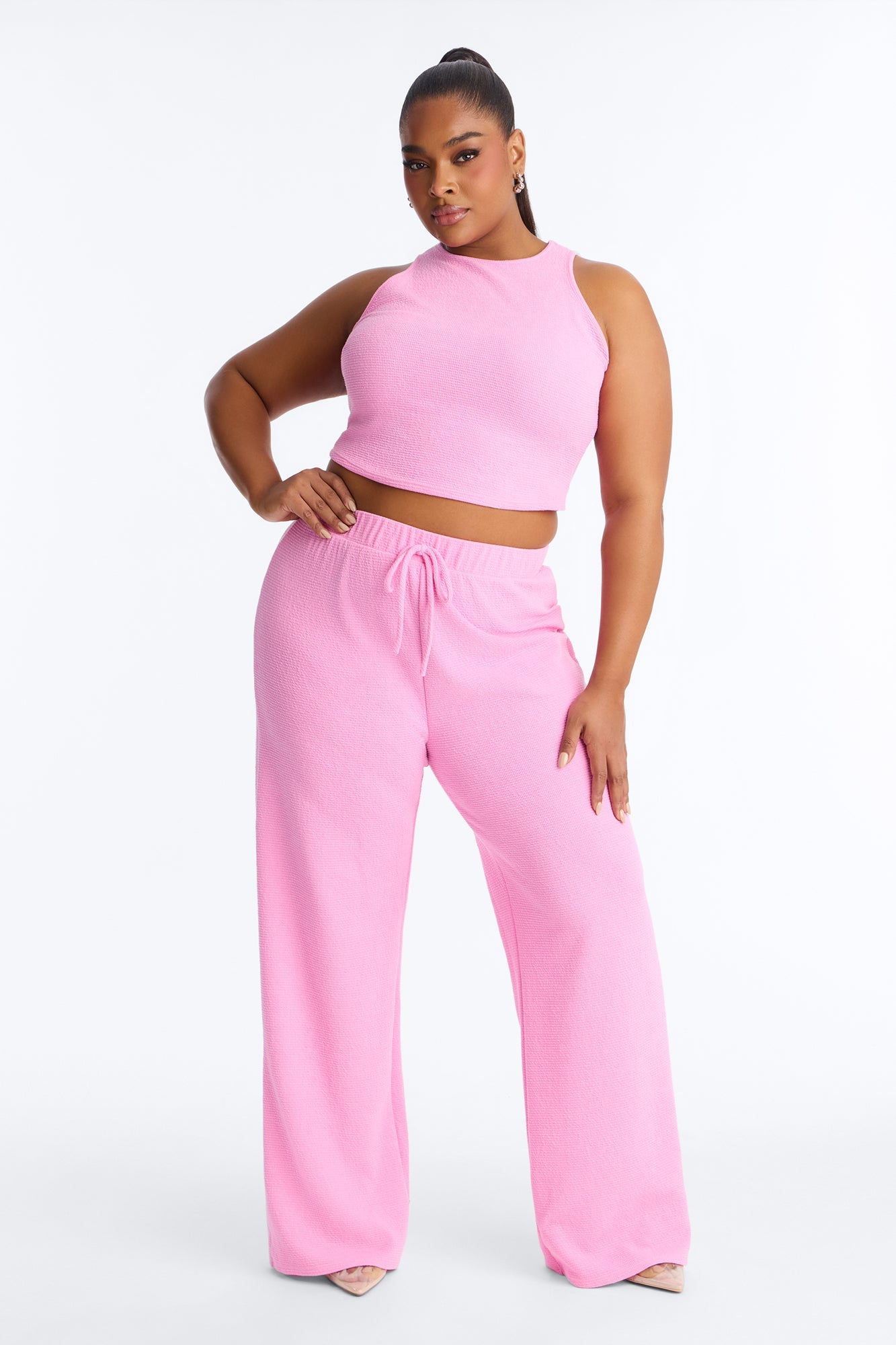 Alana Textured Wide Leg Pant Set - Pink