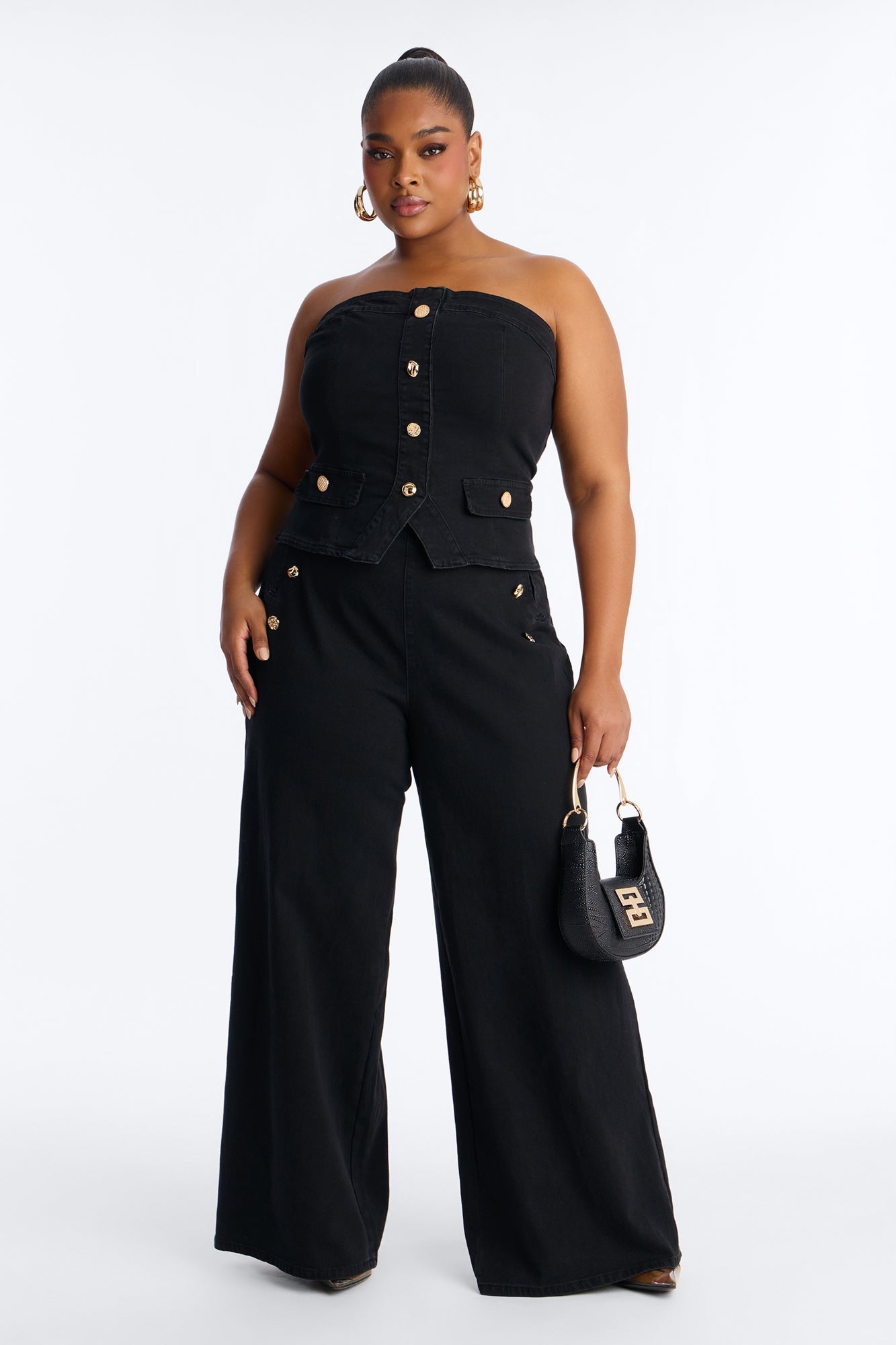 Colette Strapless Denim Pant Set - Black