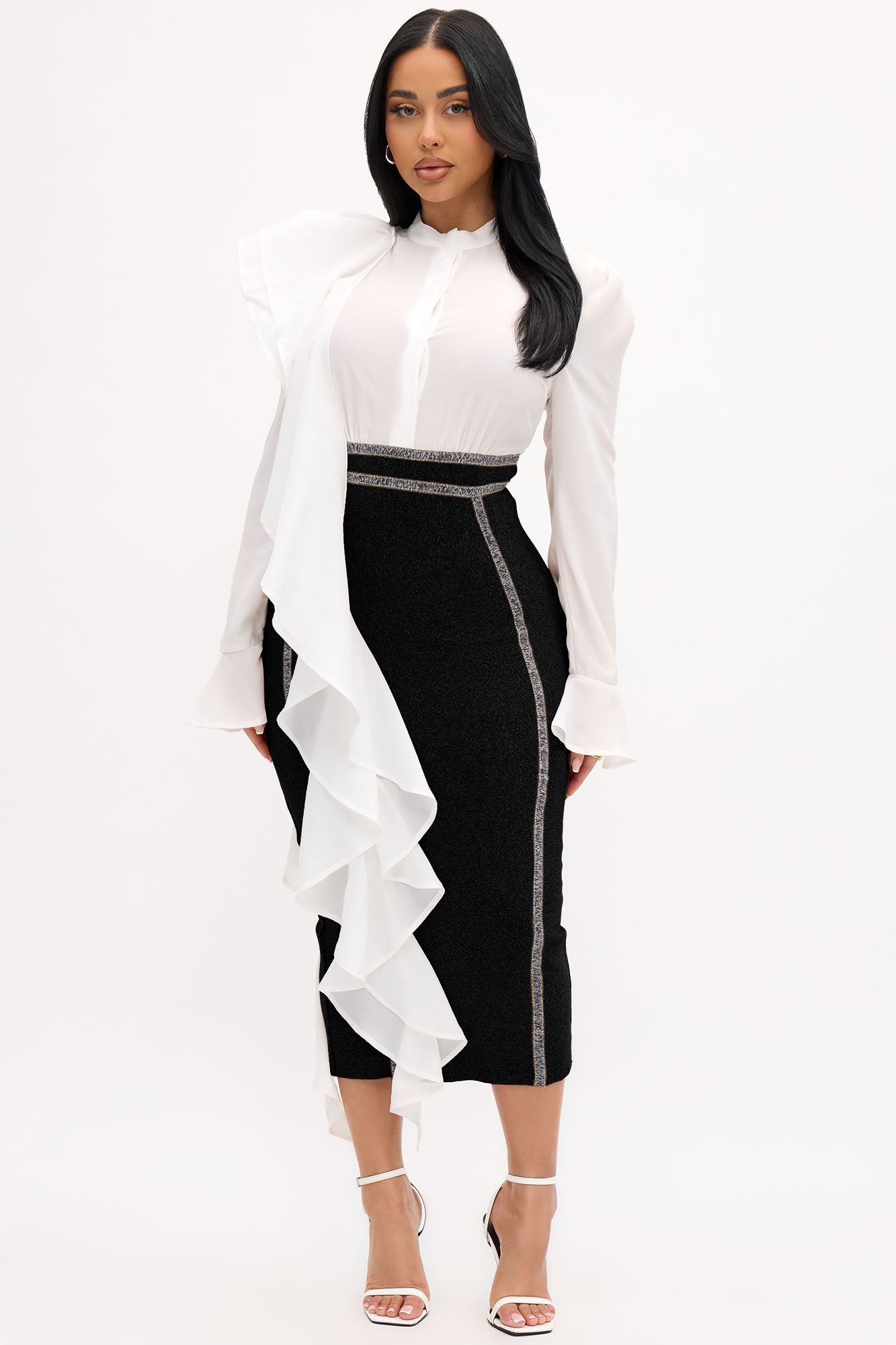Eileen Bandage Shirt Midi Dress - Black/White