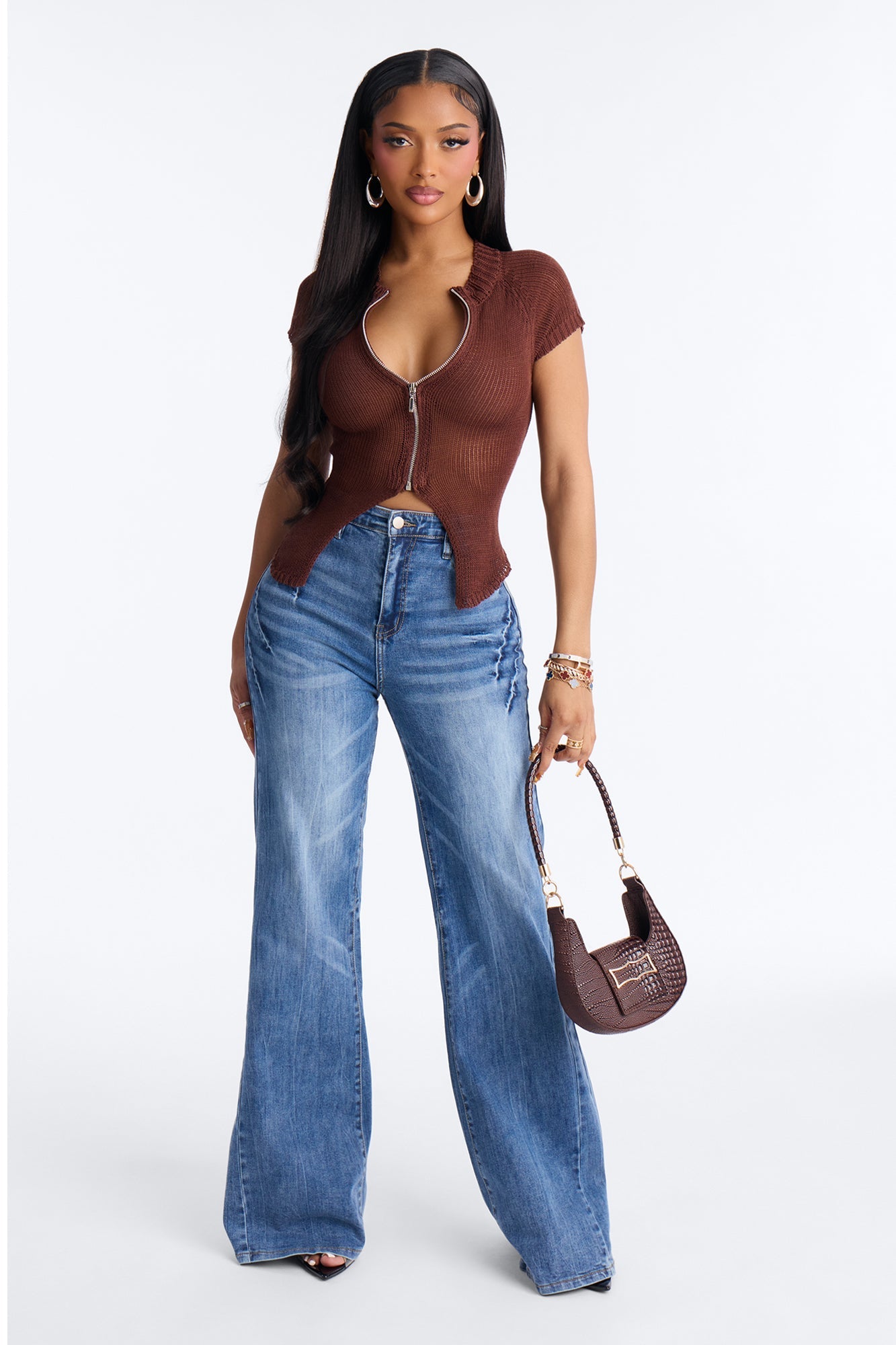 Movie Stars Front Zip CrochetTop - Chocolate