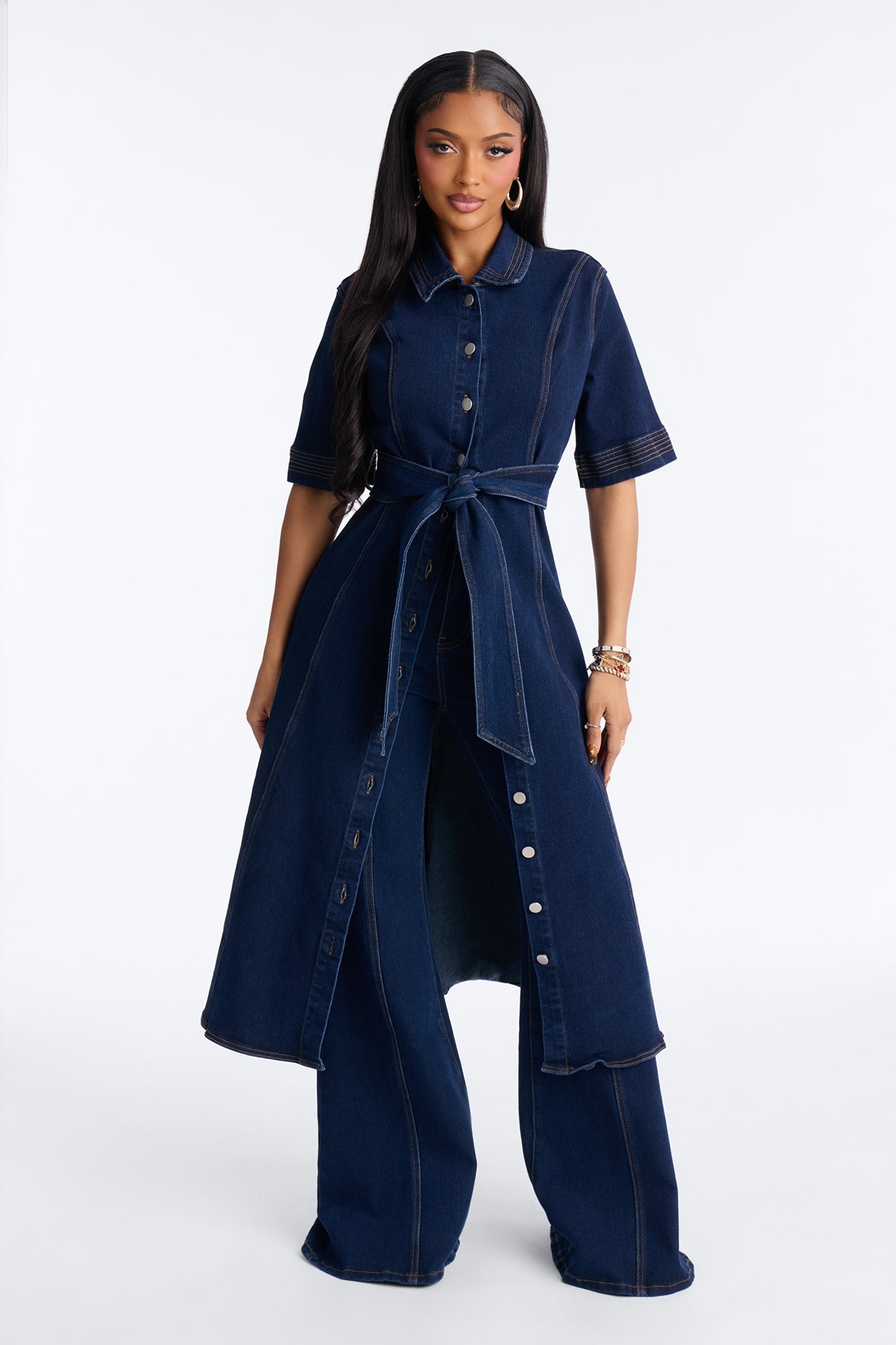 Danielle Denim Tie Waist Pant Set - Dark Wash