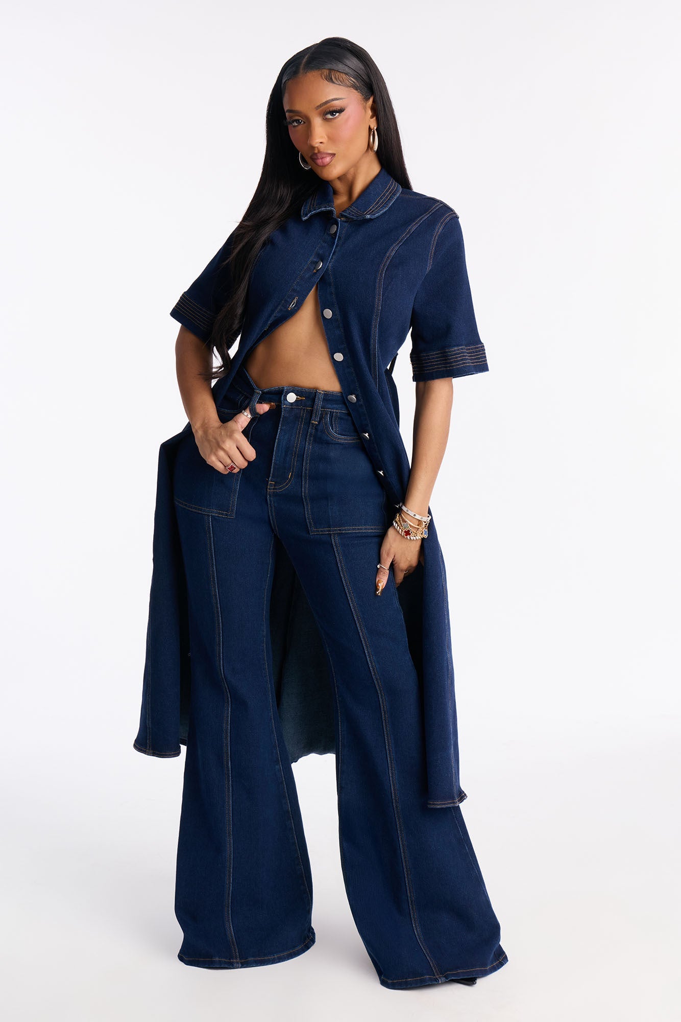 Danielle Denim Tie Waist Pant Set - Dark Wash