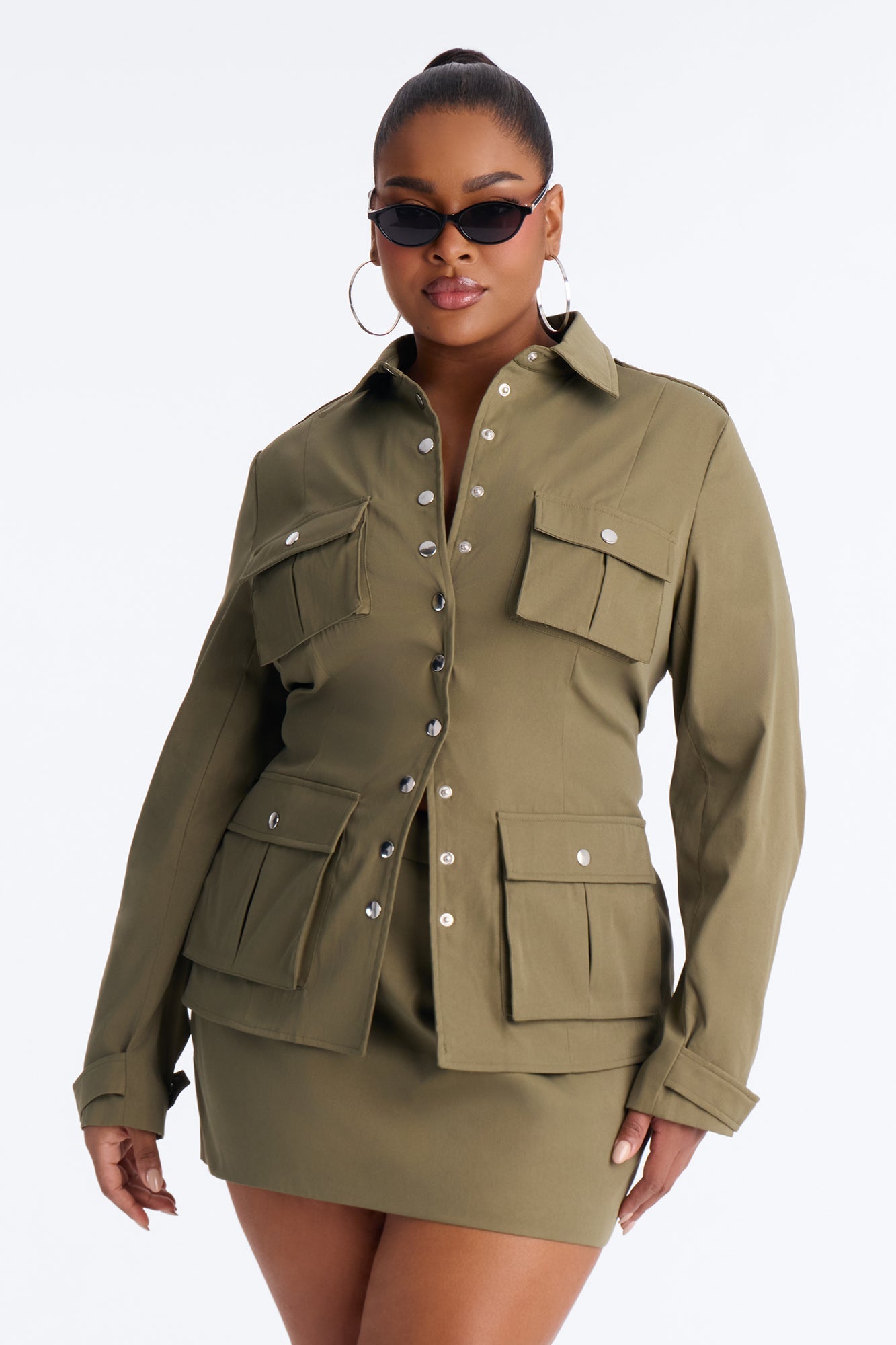 Utility Chic Lace Up Jacket Skirt Set - Olive