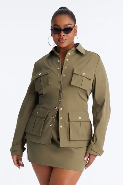 Utility Chic Lace Up Jacket Skirt Set - Olive
