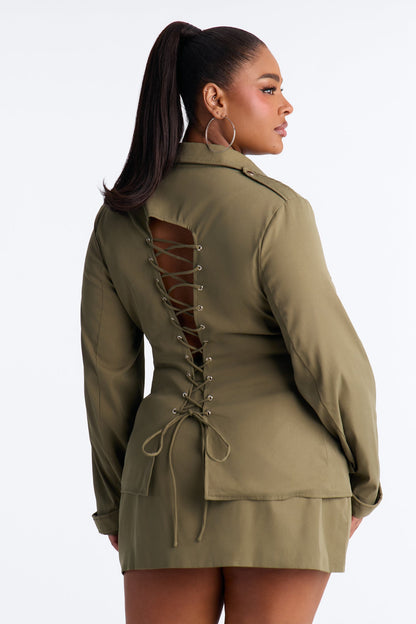 Utility Chic Lace Up Jacket Skirt Set - Olive