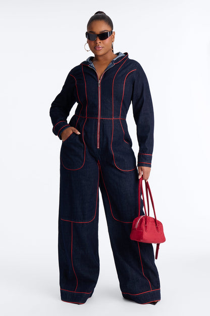 Lara Contrast Trim Denim Hooded Jumpsuit - Dark Wash