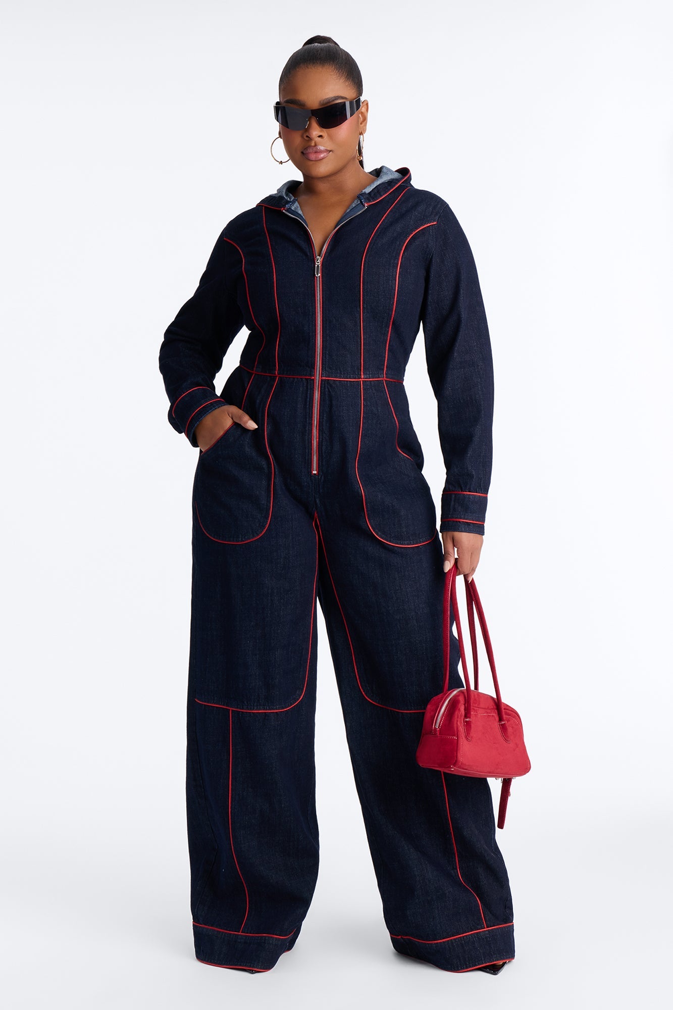 Lara Contrast Trim Denim Hooded Jumpsuit - Dark Wash