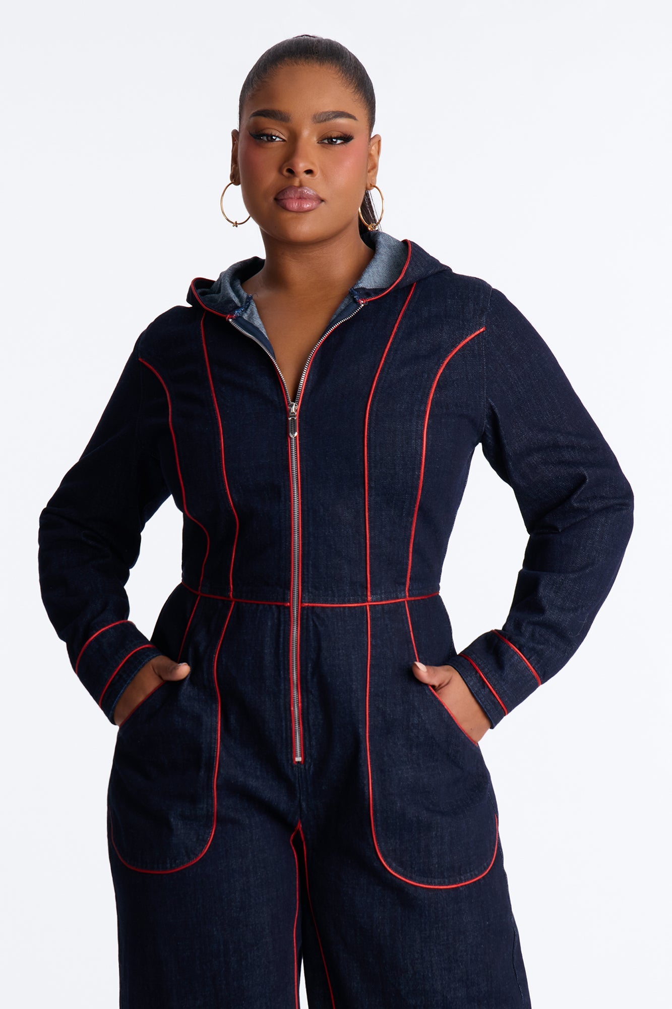 Lara Contrast Trim Denim Hooded Jumpsuit - Dark Wash