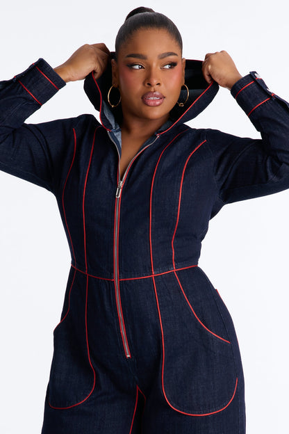 Lara Contrast Trim Denim Hooded Jumpsuit - Dark Wash