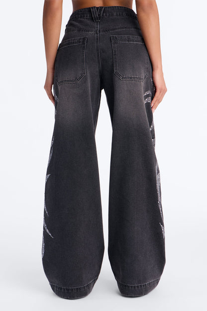 Furiosa Embellished Baggy Wide Leg Jeans - Black Wash