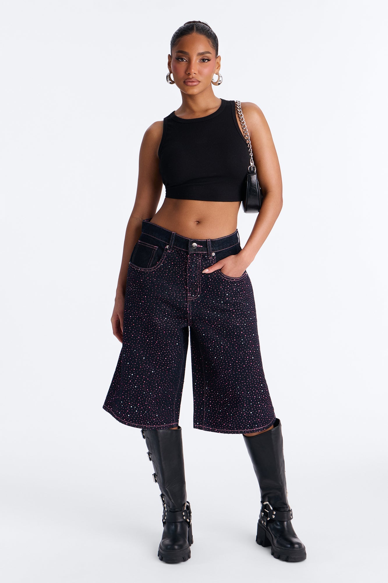 Premium Princess Rhinestone Denim Jorts - Dark Denim