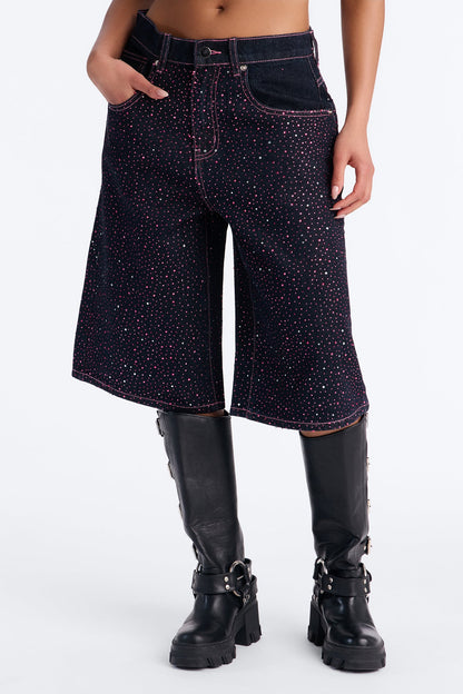 Premium Princess Rhinestone Denim Jorts - Dark Denim