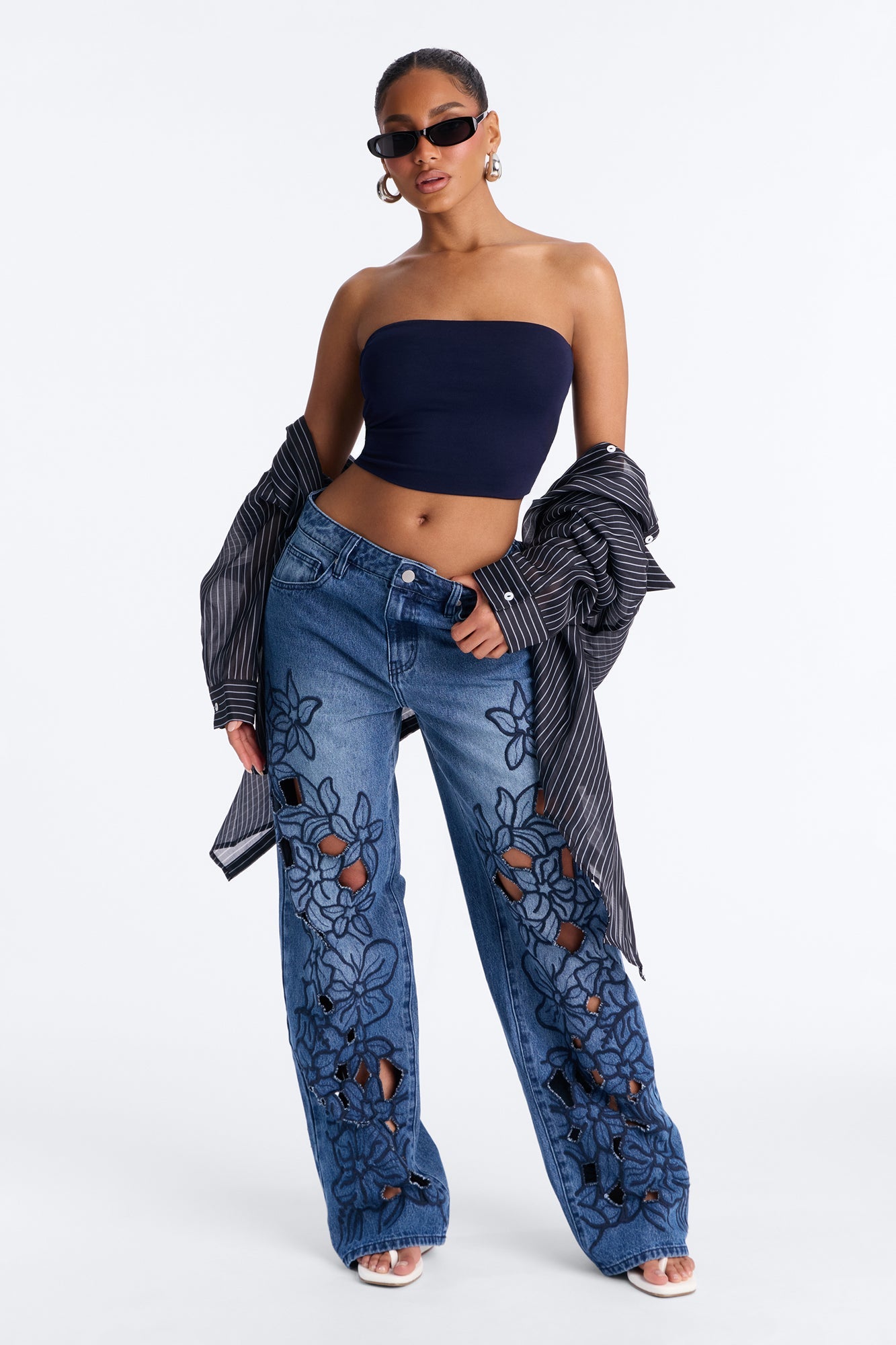 Madeira Cut Work Embroidered Straight Leg Jeans - Medium Wash