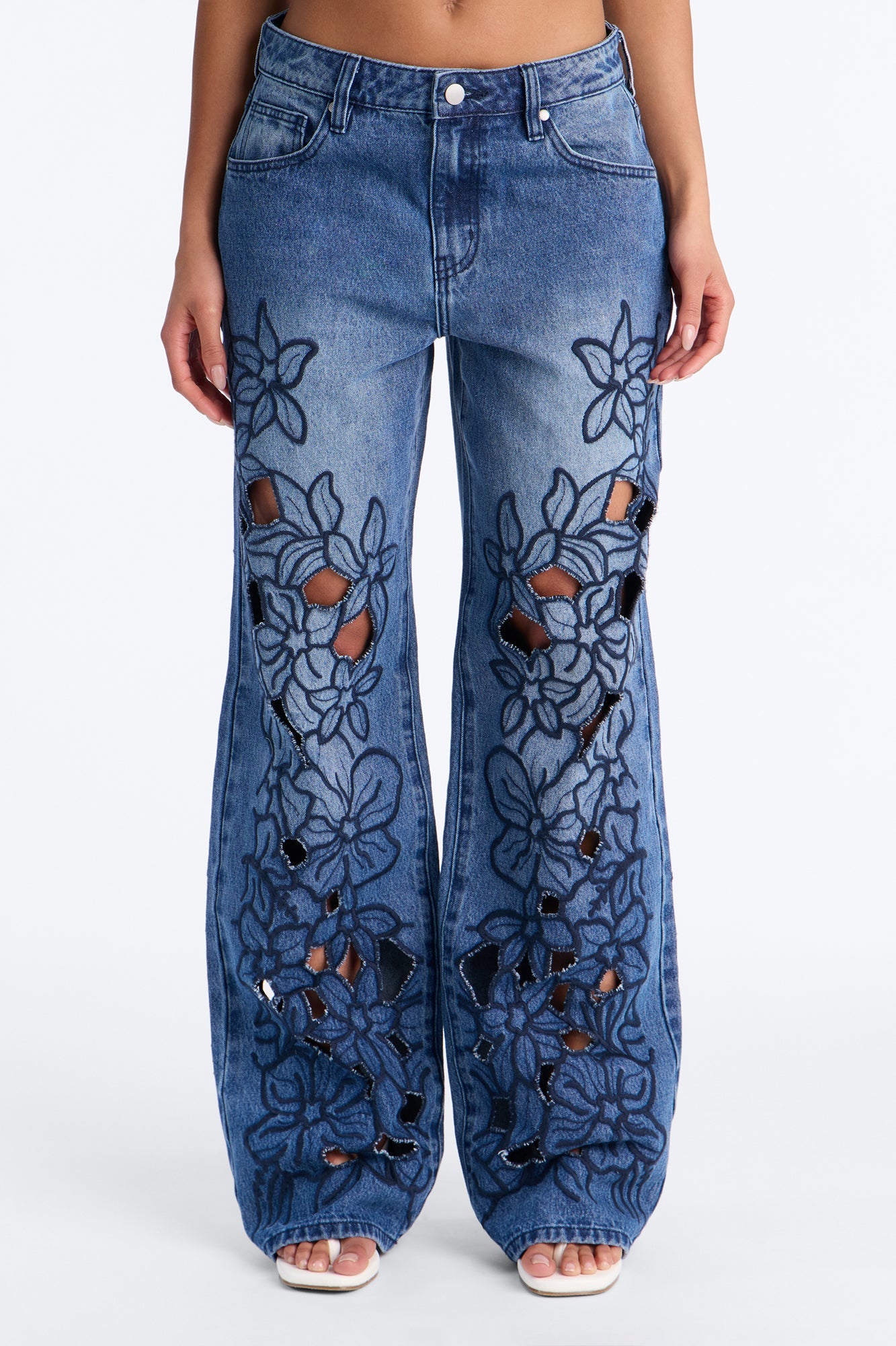 Madeira Cut Work Embroidered Straight Leg Jeans - Medium Wash
