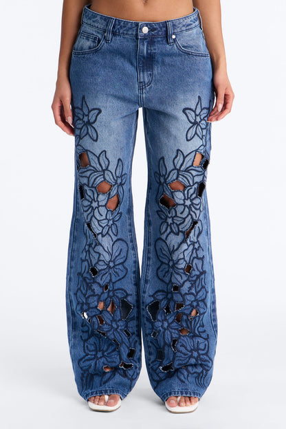 Madeira Cut Work Embroidered Straight Leg Jeans - Medium Wash