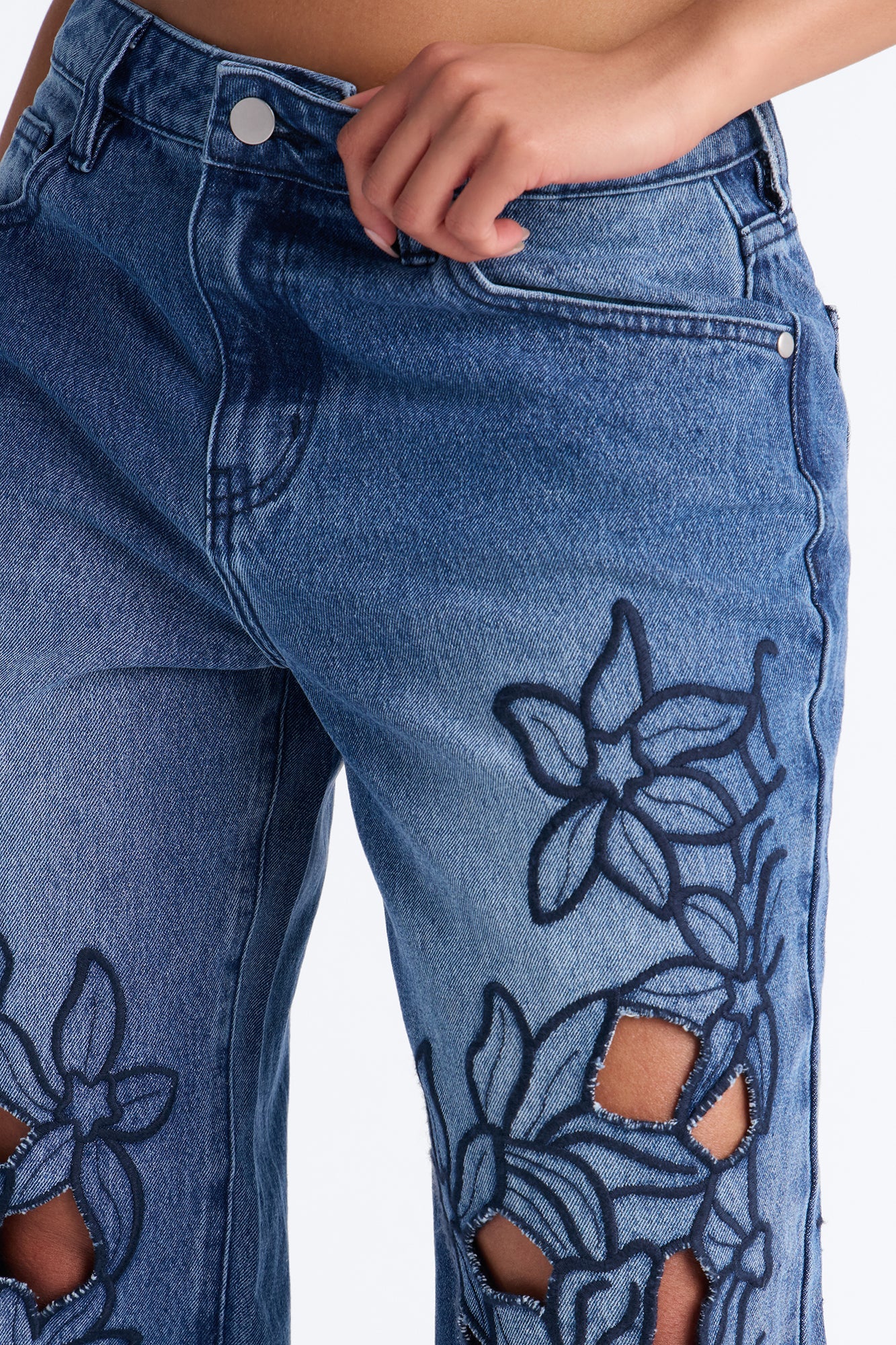 Madeira Cut Work Embroidered Straight Leg Jeans - Medium Wash