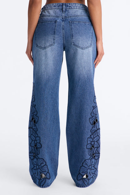 Madeira Cut Work Embroidered Straight Leg Jeans - Medium Wash