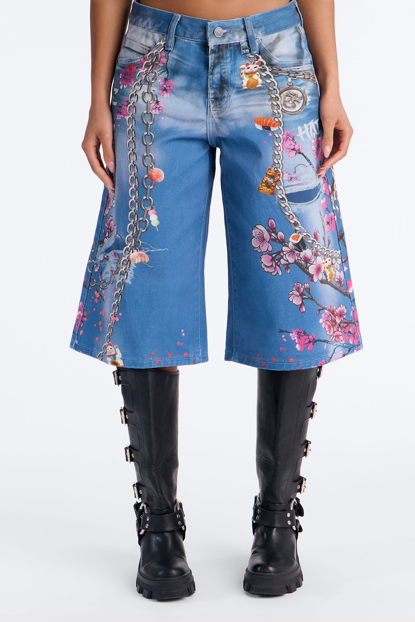Shibuya Streets Printed Denim Jorts - Blue/combo