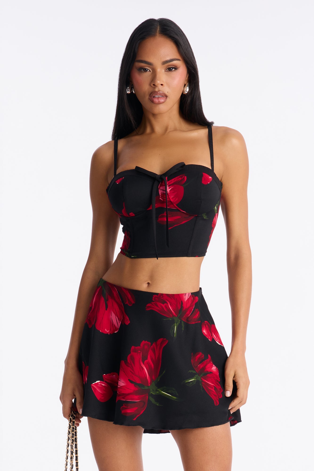 Petals Floral Satin Mini Skirt Set - Black/Red
