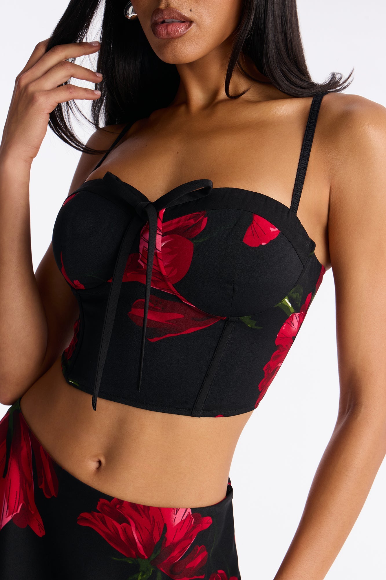 Petals Floral Satin Mini Skirt Set - Black/Red