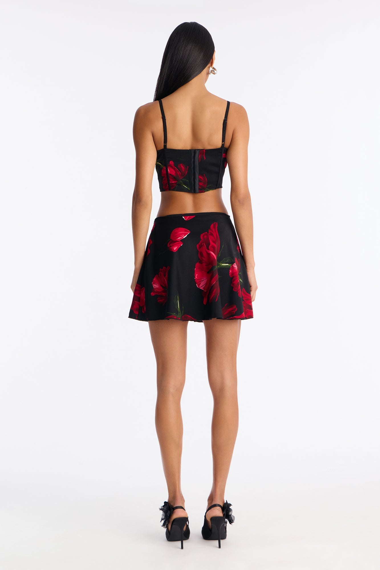 Petals Floral Satin Mini Skirt Set - Black/Red