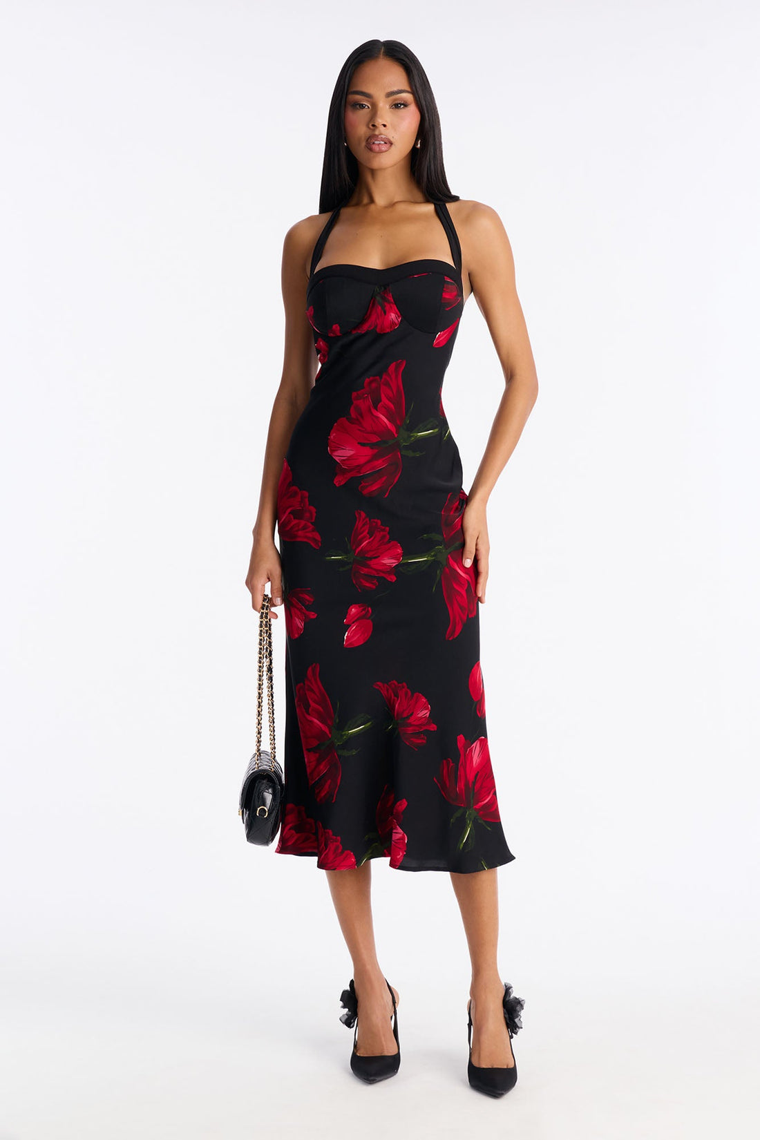 Petal Pretty Floral Satin Midi Dress - Black/Red