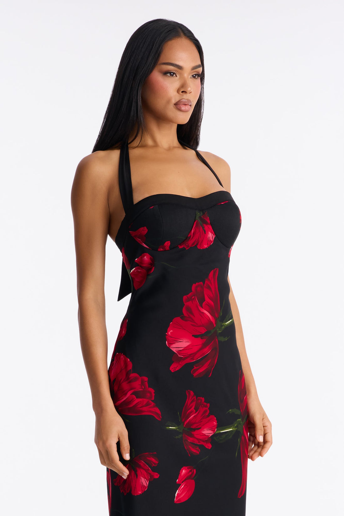 Petal Pretty Floral Satin Midi Dress - Black/Red