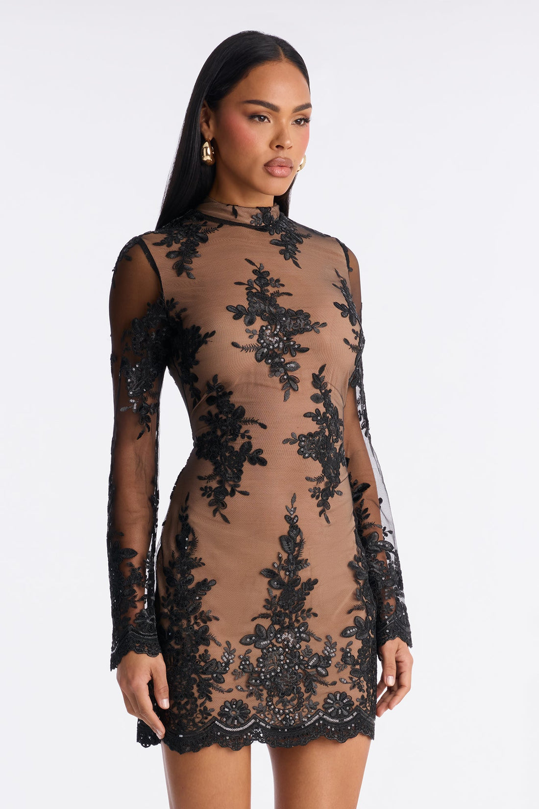 Floral Flame Mesh Mini Dress - Black