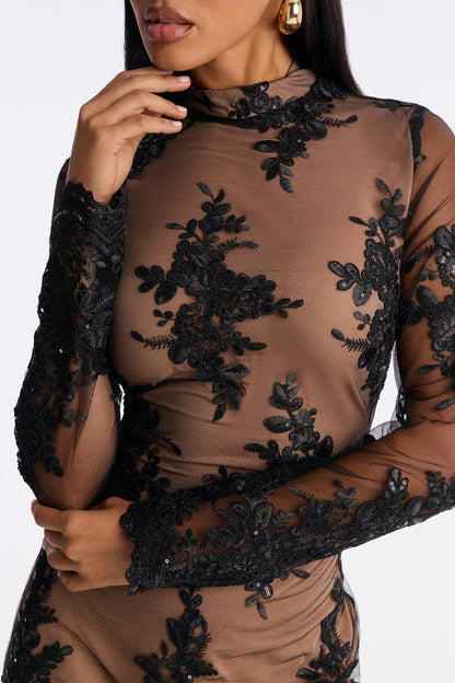 Floral Flame Mesh Mini Dress - Black