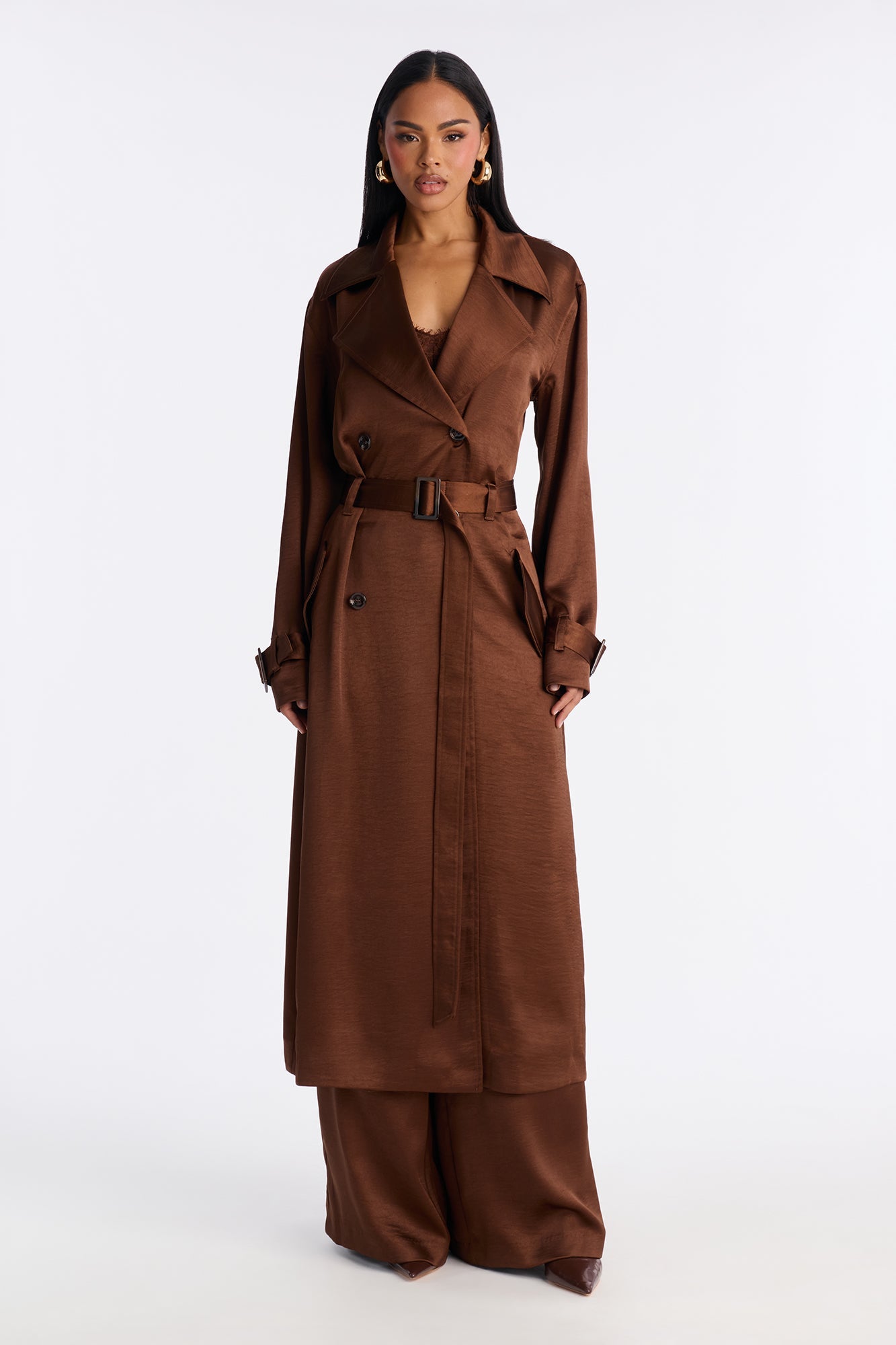Romance Me Satin Trench Coat - Brown