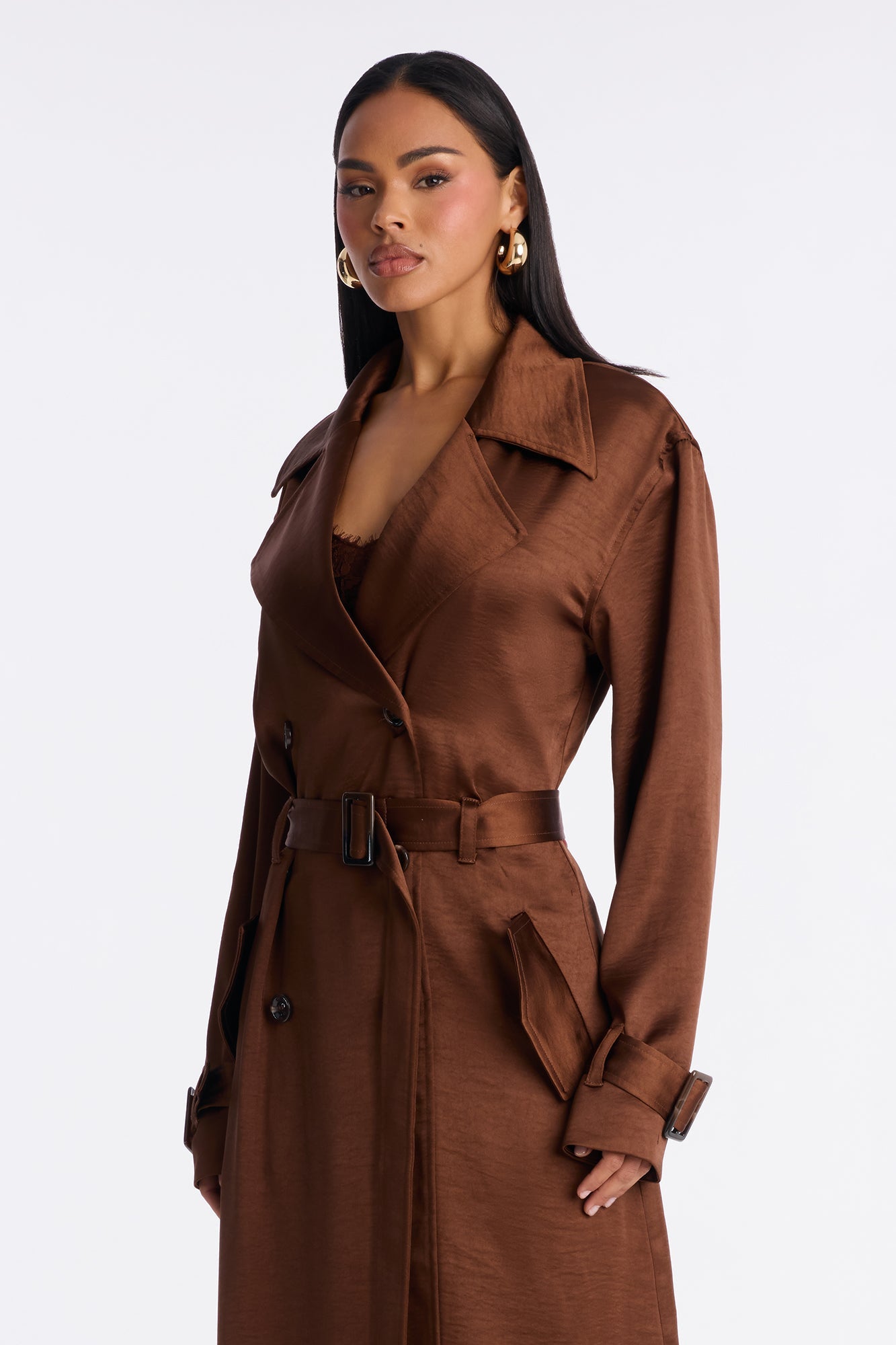 Romance Me Satin Trench Coat - Brown