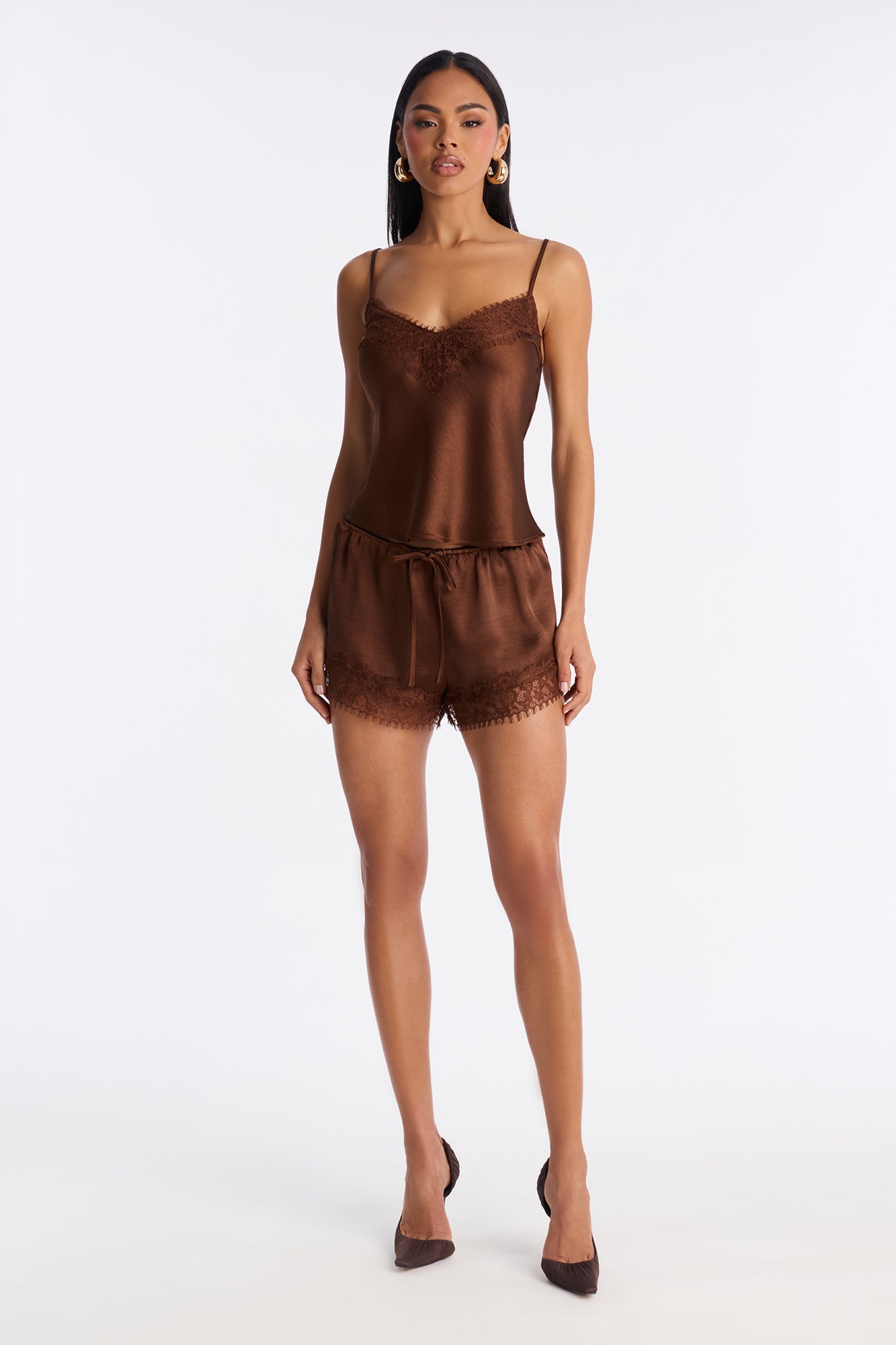 Romance Me Satin Lace Trim Short - Brown