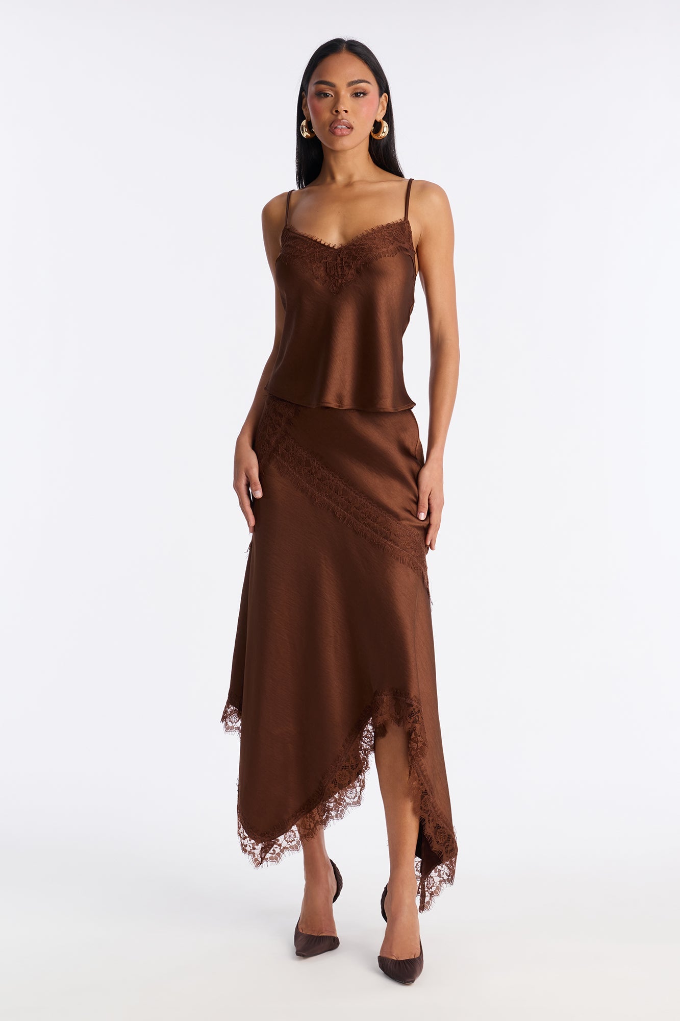 Romance Me Satin Lace Trim Midi Skirt - Brown