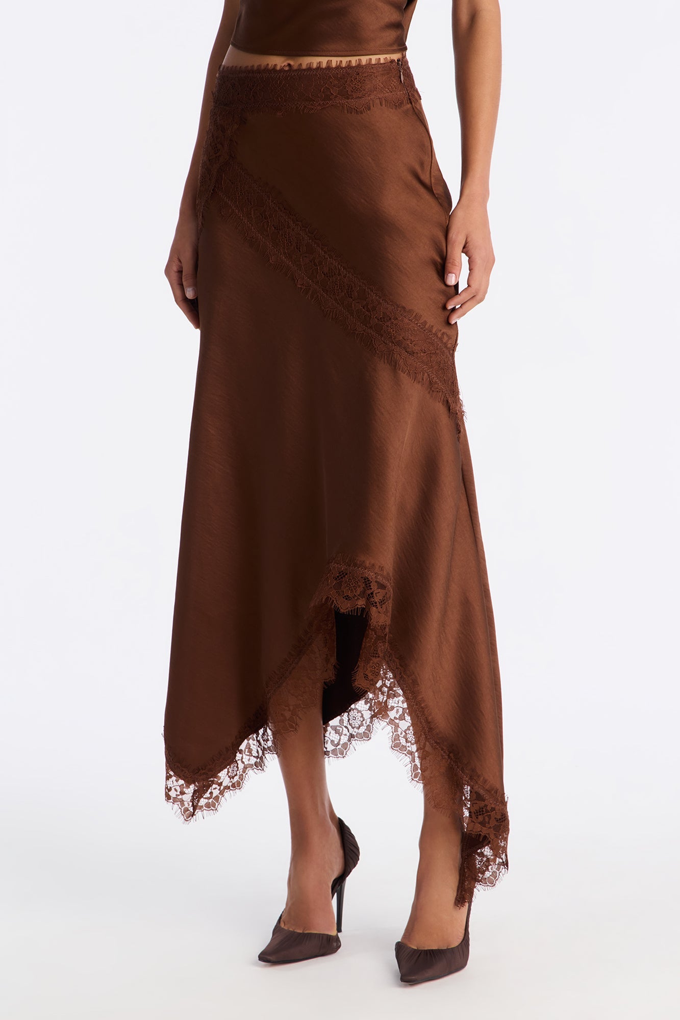 Romance Me Satin Lace Trim Midi Skirt - Brown