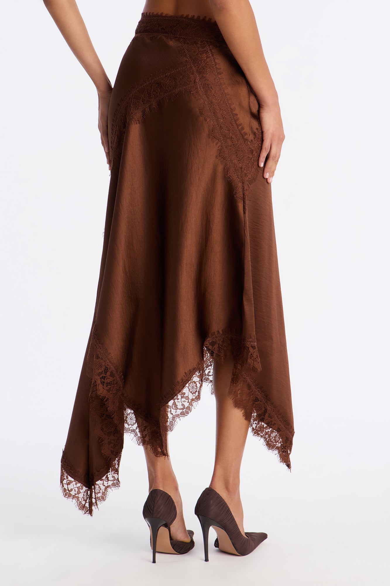 Romance Me Satin Lace Trim Midi Skirt - Brown