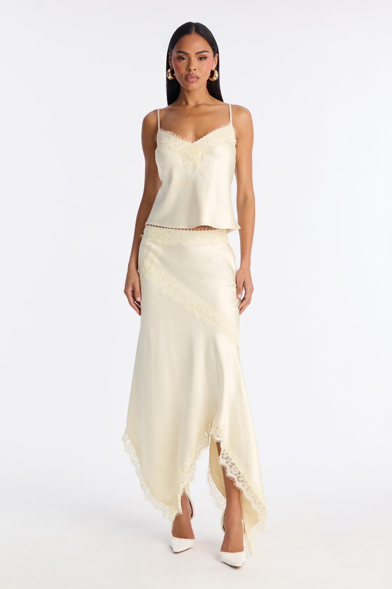 Romance Me Satin Lace Trim Midi Skirt - Off White